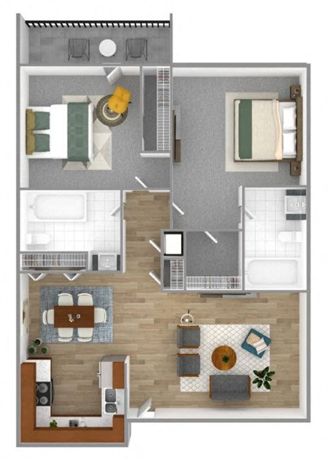 Floor plan for 2 beds, 2 baths, 937 sqft